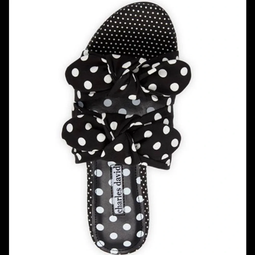 New, Charles David Collection Souffle Sandal, Black & White Polka Dot, Bow, SZ 9